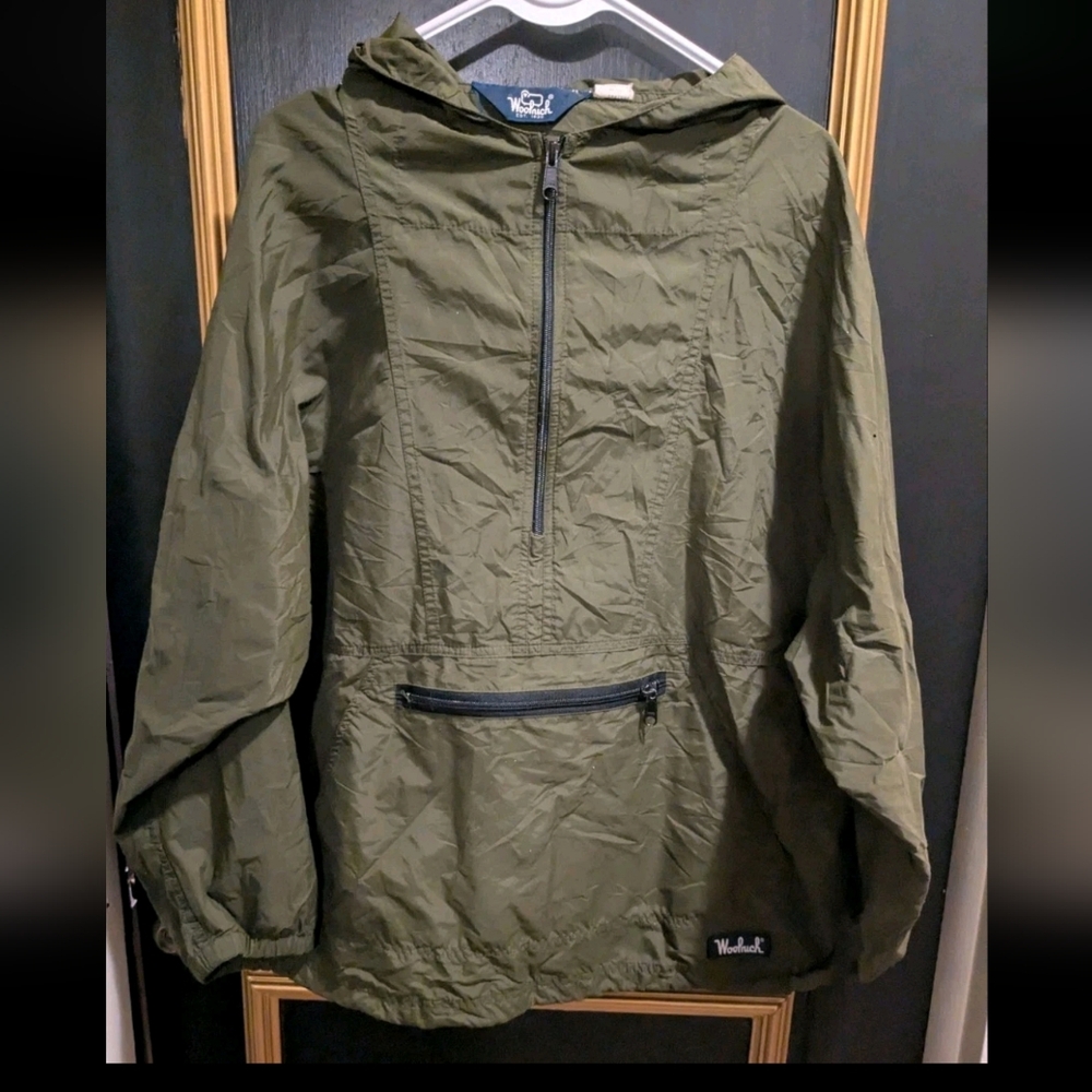 Woolrich Vintage Half Zip Anorak Windbreaker Jacket Olive Green Womens XL E314